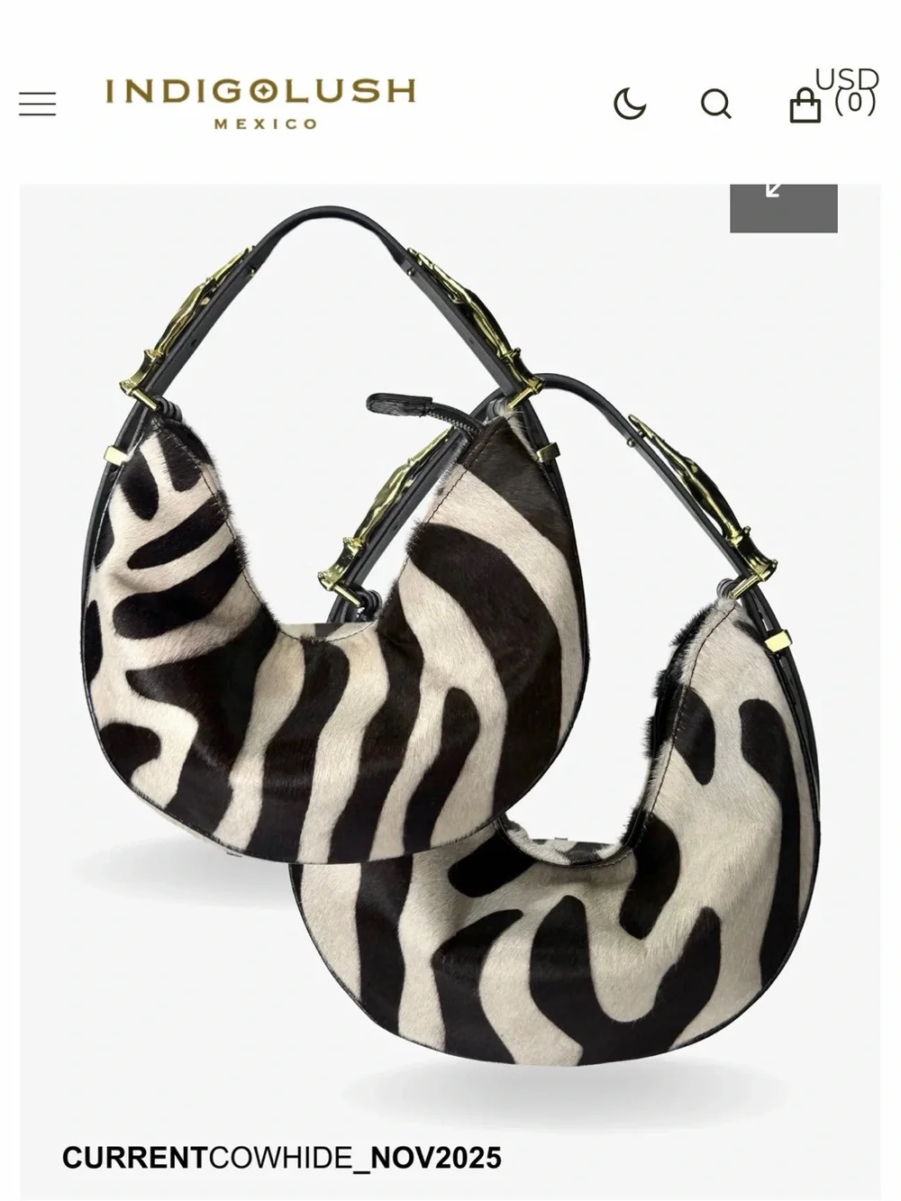 NWOT IndigoLush MIDI Hobo Brown Zebra - silver hands Adjustable strap